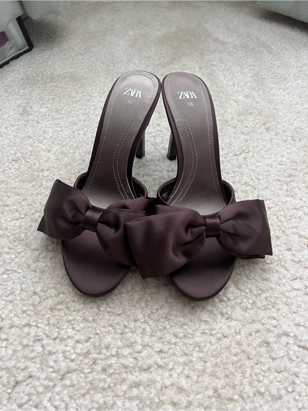 ZARA Dark Brown Bow-Accent Open-Toe Mule Heels - Picture 1 of 2
